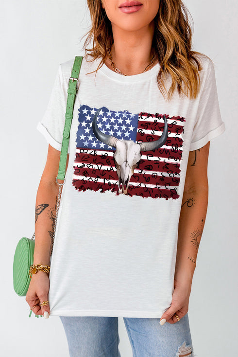 Western Americana Bull Skull Graphic Short Sleeve Tee