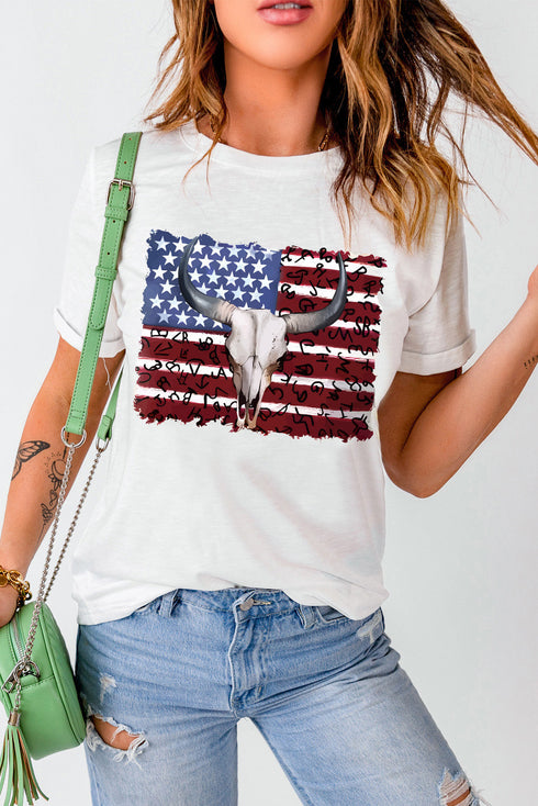 Western Americana Bull Skull Graphic Short Sleeve Tee