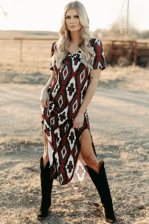 Western Aztec All Over Print H-Line Summer T-shirt Dress