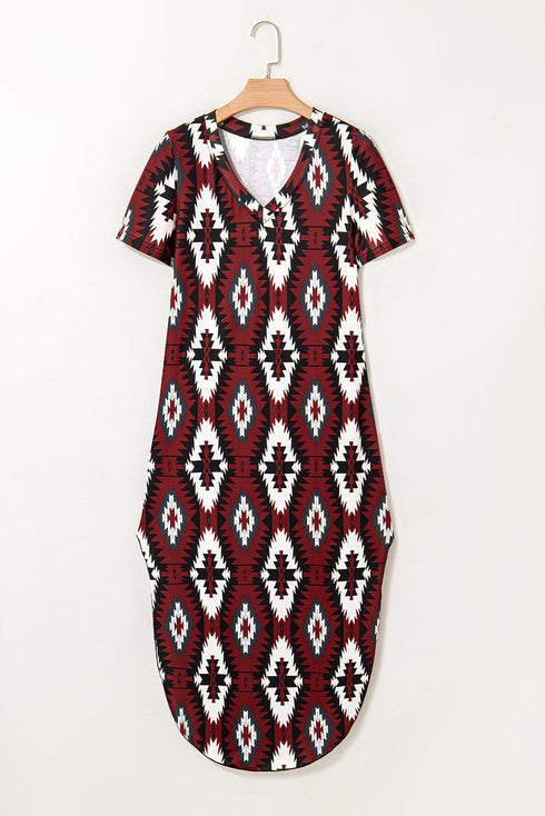 Western Aztec All Over Print H-Line Summer T-shirt Dress
