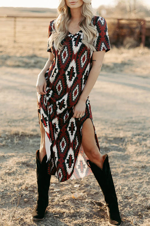 Western Aztec All Over Print H-Line Summer T-shirt Dress