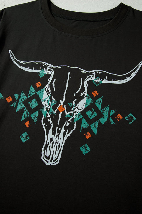Western Aztec Bull Skull Graphic Print Tee