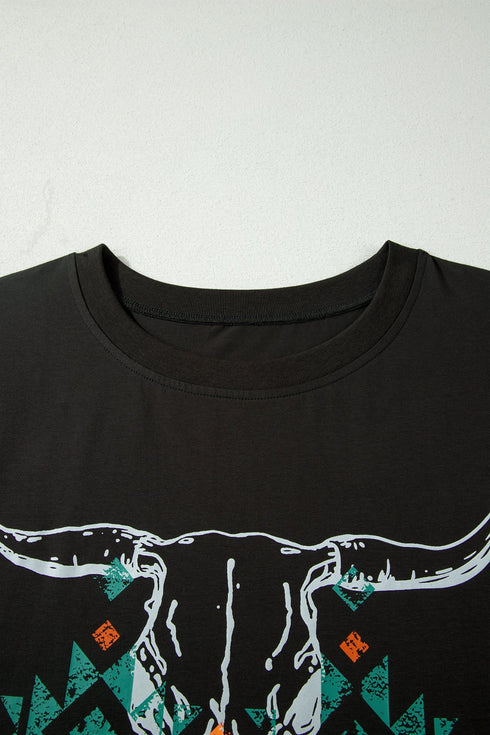 Western Aztec Bull Skull Graphic Print Tee
