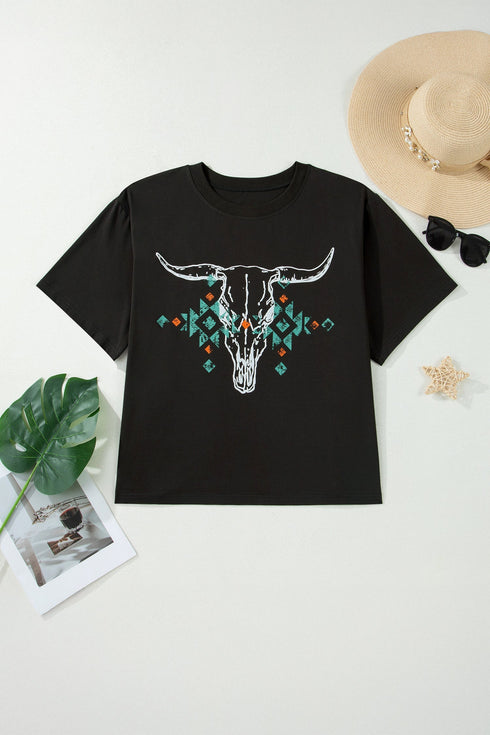 Western Aztec Bull Skull Graphic Print Tee