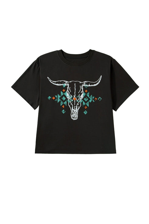 Western Aztec Bull Skull Graphic Print Tee