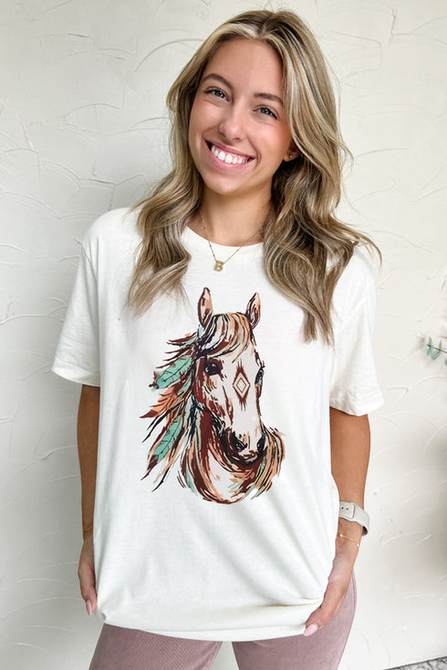 Western Aztec Horse Print Relaxed Fit Graphic Crewneck Tee