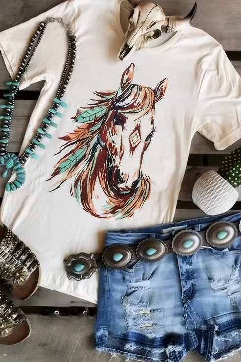 Western Aztec Horse Print Relaxed Fit Graphic Crewneck Tee