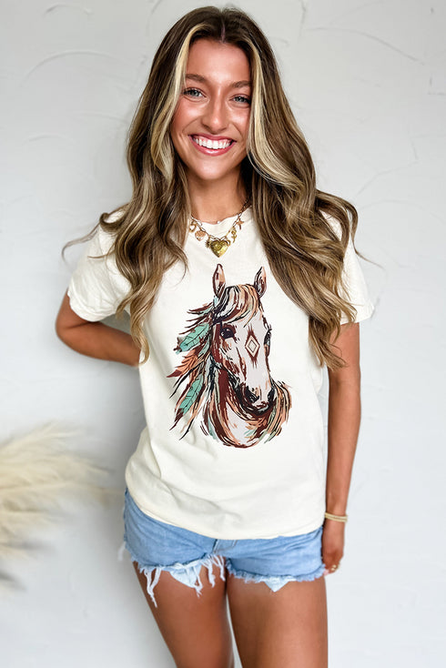 Western Aztec Horse Print Relaxed Fit Graphic Crewneck Tee