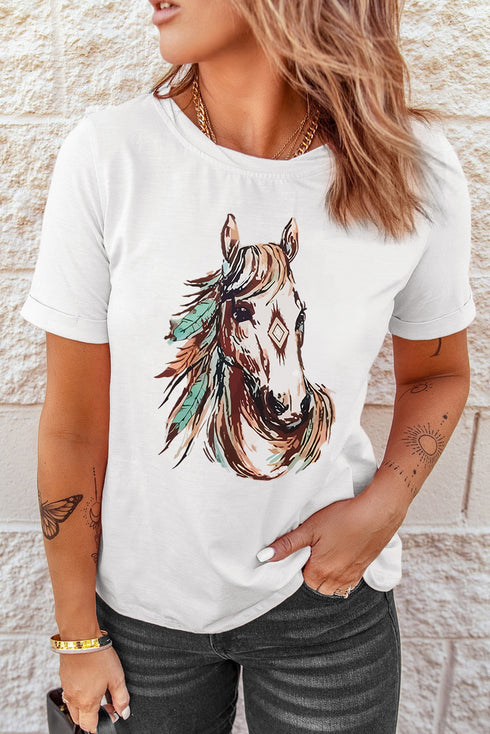Western Aztec Horse Print Relaxed Fit Graphic Crewneck Tee