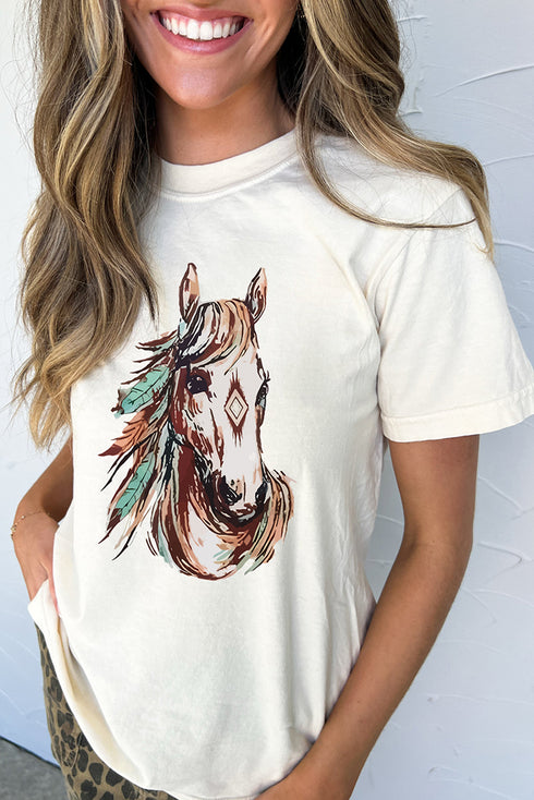 Western Aztec Horse Print Relaxed Fit Graphic Crewneck Tee
