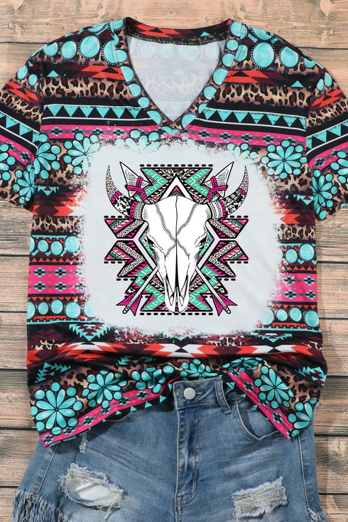 Western Aztec Leopard Print V Neck Graphic Tee