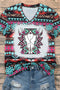 Western Aztec Leopard Print V Neck Graphic Tee