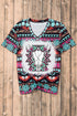 Western Aztec Leopard Print V Neck Graphic Tee