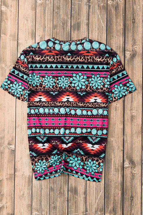 Western Aztec Leopard Print V Neck Graphic Tee