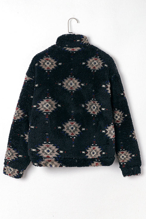 Western Aztec Pattern Zipper Collared Sherpa Fleece Jacket