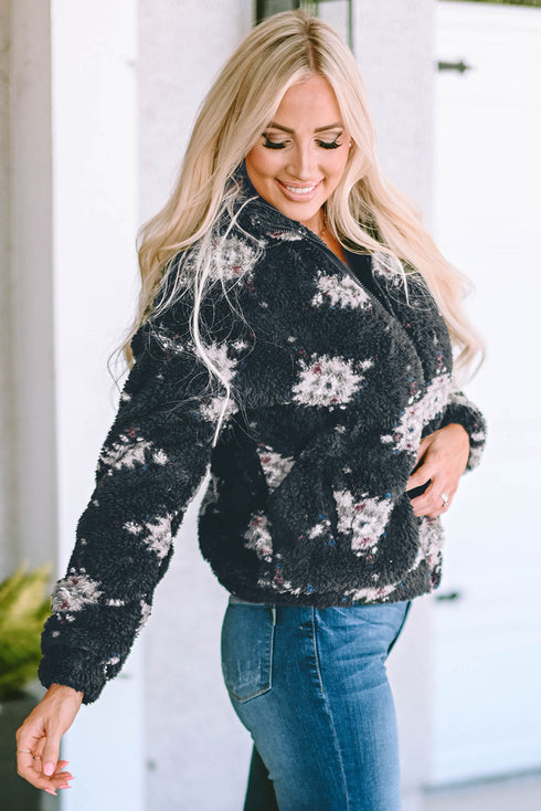 Western Aztec Pattern Zipper Collared Sherpa Fleece Jacket