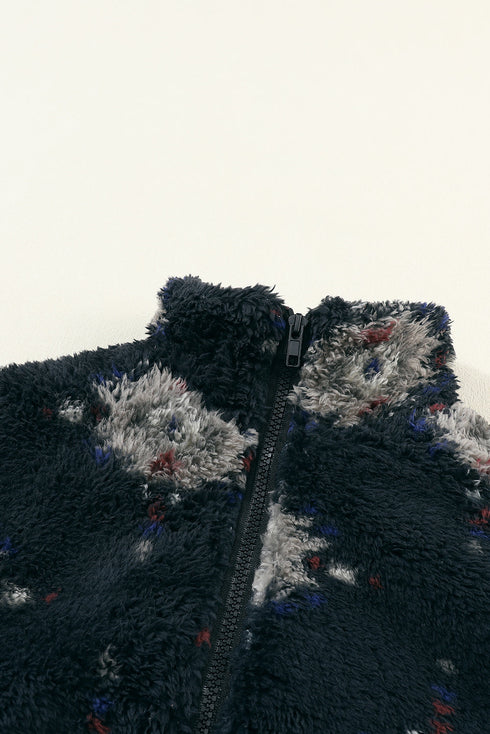Western Aztec Pattern Zipper Collared Sherpa Fleece Jacket