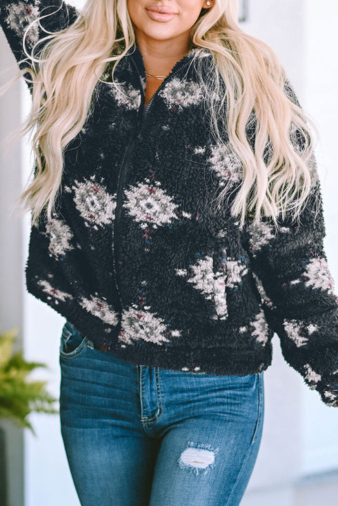 Western Aztec Pattern Zipper Collared Sherpa Fleece Jacket