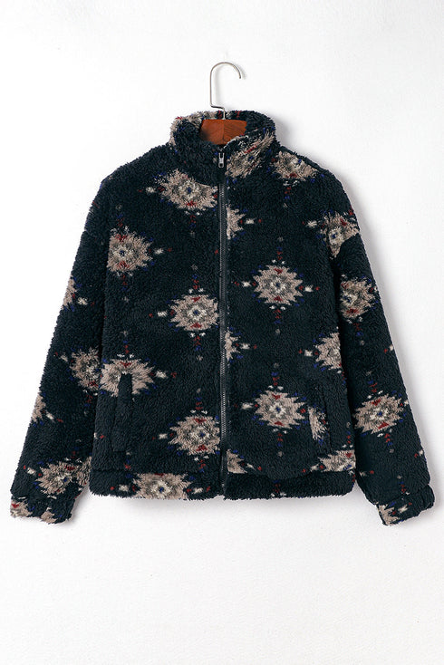 Western Aztec Pattern Zipper Collared Sherpa Fleece Jacket