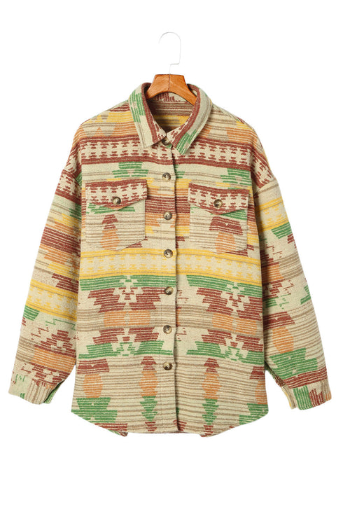 Western Aztec Print Button Flap Pocket Shacket