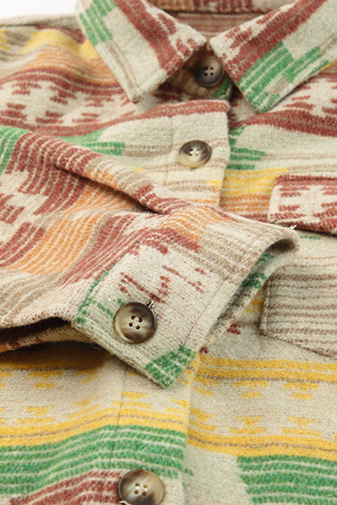 Western Aztec Print Button Flap Pocket Shacket