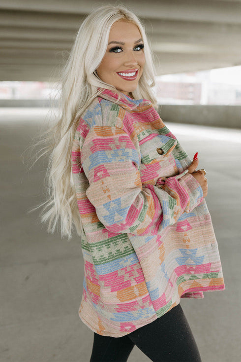 Western Aztec Print Button Flap Pocket Shacket