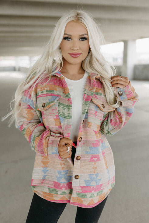 Western Aztec Print Button Flap Pocket Shacket