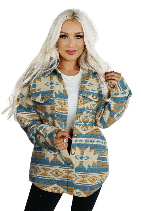 Western Aztec Print Button Flap Pocket Shacket