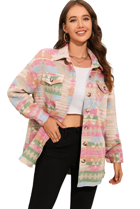 Western Aztec Print Button Flap Pocket Shacket