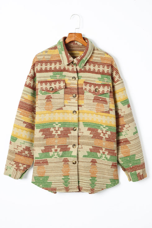 Western Aztec Print Button Flap Pocket Shacket