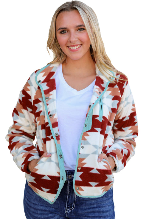Western Aztec Print Buttoned Zipper Pocket Fleece Jacket