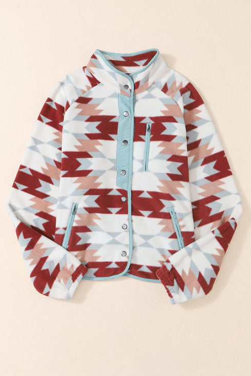 Western Aztec Print Buttoned Zipper Pocket Fleece Jacket