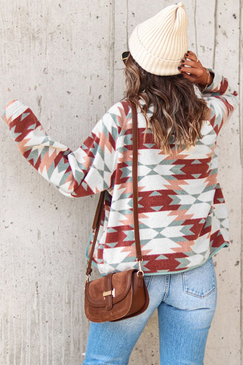 Western Aztec Print Buttoned Zipper Pocket Fleece Jacket