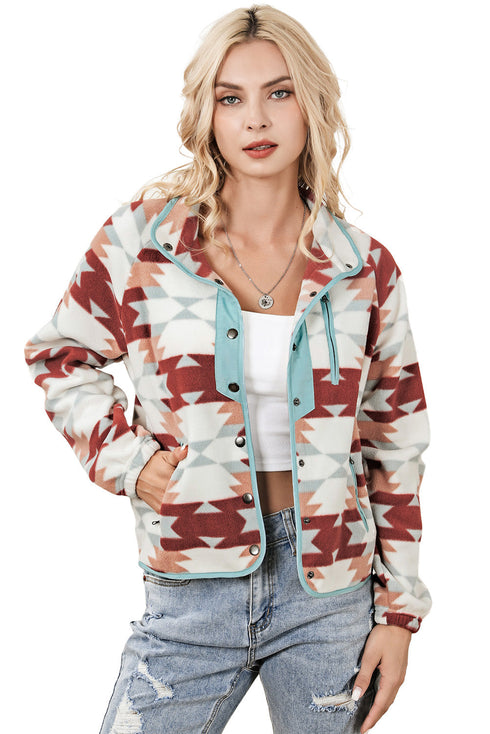 Western Aztec Print Buttoned Zipper Pocket Fleece Jacket