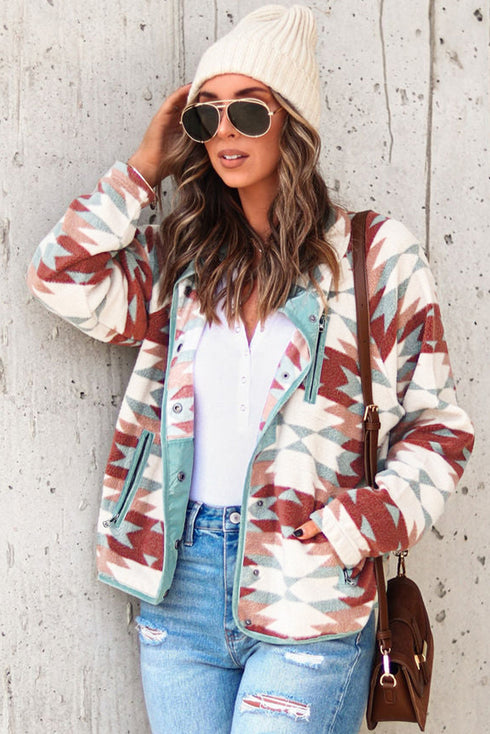 Western Aztec Print Buttoned Zipper Pocket Fleece Jacket