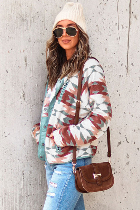 Western Aztec Print Buttoned Zipper Pocket Fleece Jacket