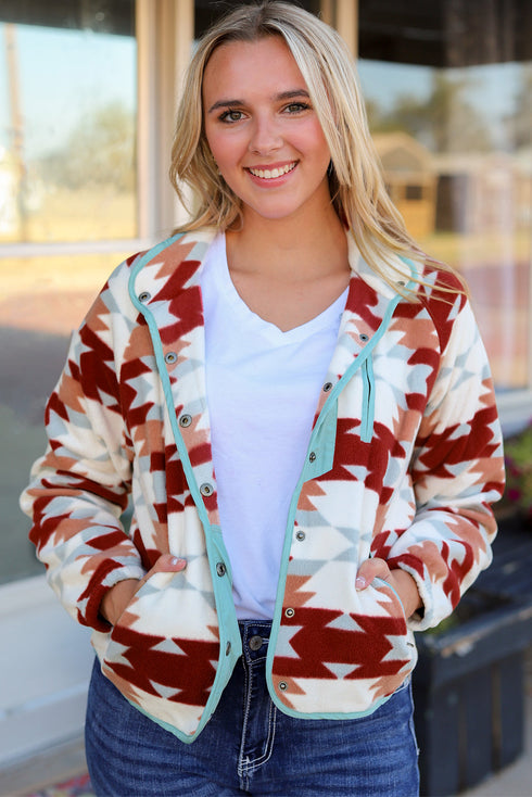 Western Aztec Print Buttoned Zipper Pocket Fleece Jacket
