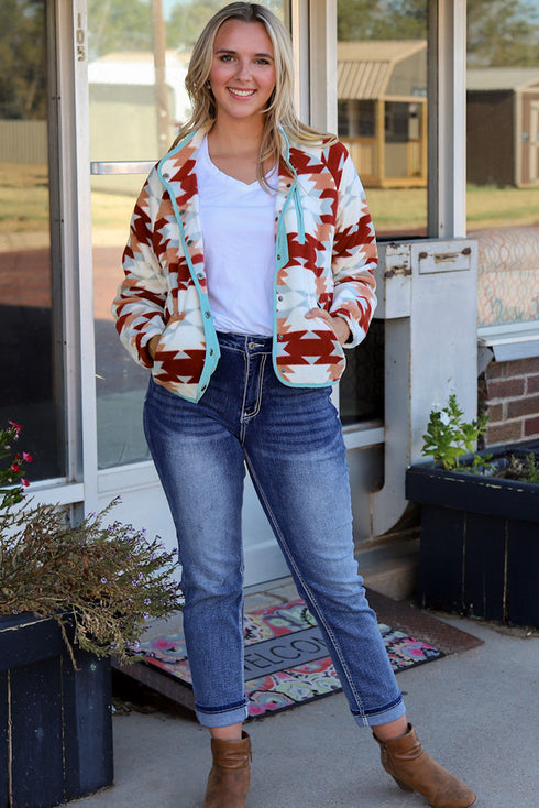 Western Aztec Print Buttoned Zipper Pocket Fleece Jacket
