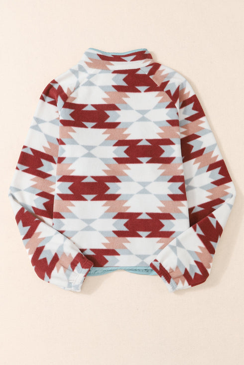 Western Aztec Print Buttoned Zipper Pocket Fleece Jacket
