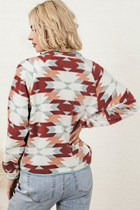 Western Aztec Print Buttoned Zipper Pocket Fleece Jacket