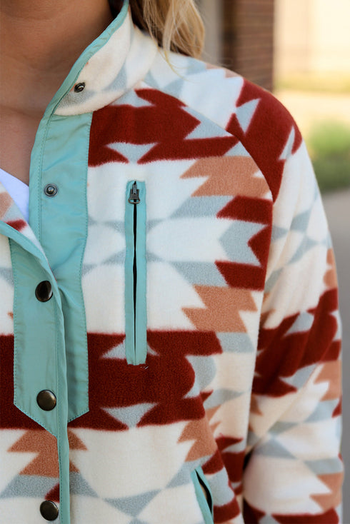 Western Aztec Print Buttoned Zipper Pocket Fleece Jacket