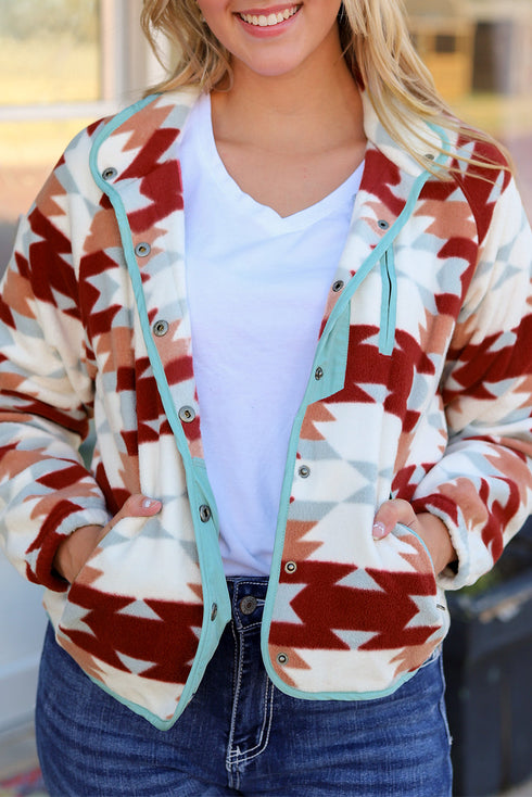 Western Aztec Print Buttoned Zipper Pocket Fleece Jacket