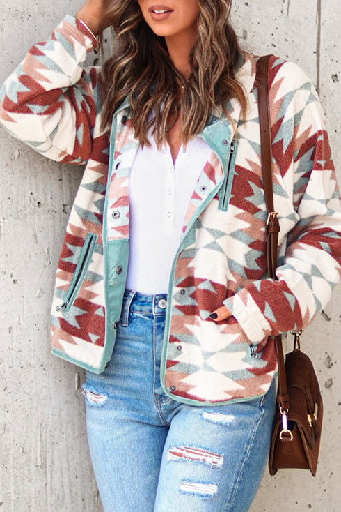 Western Aztec Print Buttoned Zipper Pocket Fleece Jacket