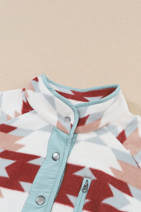 Western Aztec Print Buttoned Zipper Pocket Fleece Jacket