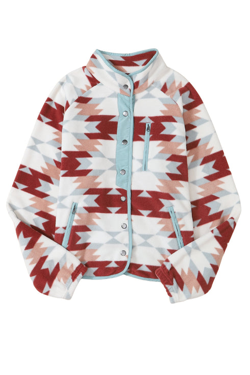 Western Aztec Print Buttoned Zipper Pocket Fleece Jacket