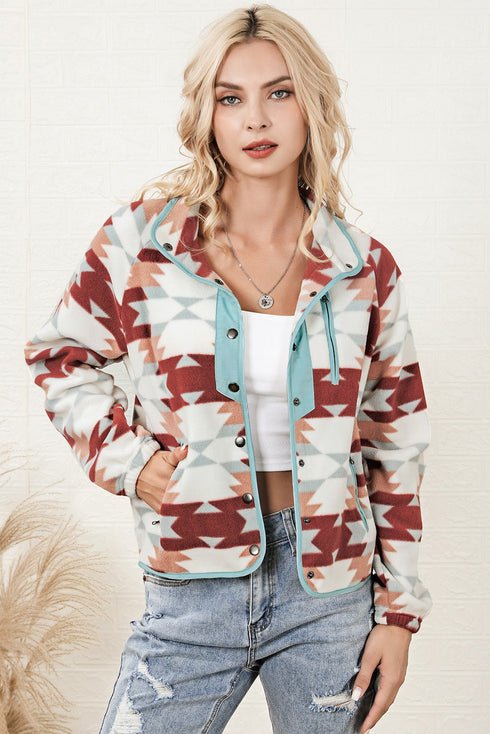 Western Aztec Print Buttoned Zipper Pocket Fleece Jacket