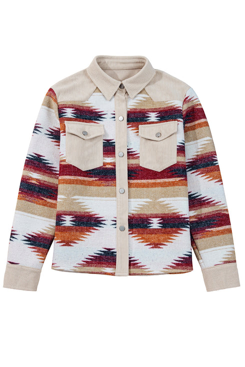 Western Aztec Print Corduroy Patchwork Raw Hem Shirt Jacket