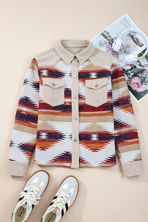 Western Aztec Print Corduroy Patchwork Raw Hem Shirt Jacket