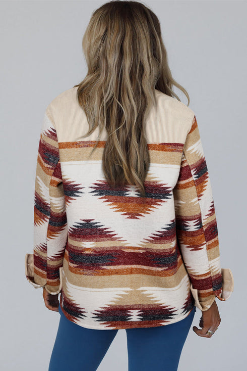 Western Aztec Print Corduroy Patchwork Raw Hem Shirt Jacket