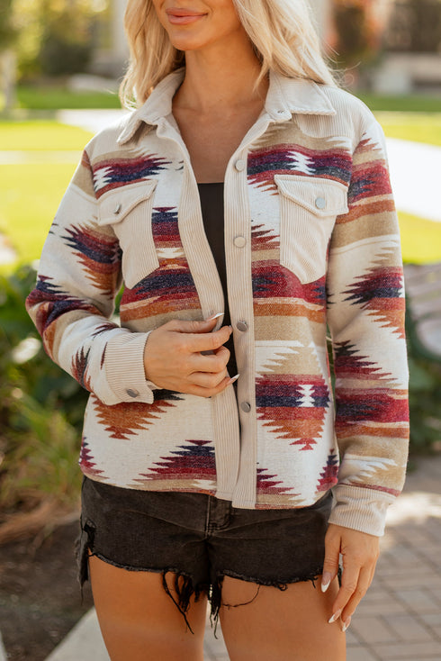 Western Aztec Print Corduroy Patchwork Raw Hem Shirt Jacket